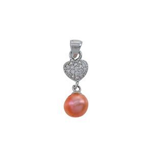 Vintage Sterling Silver 925 Cubic Zirconia Heart Pink Pearl Dangle Pendant
